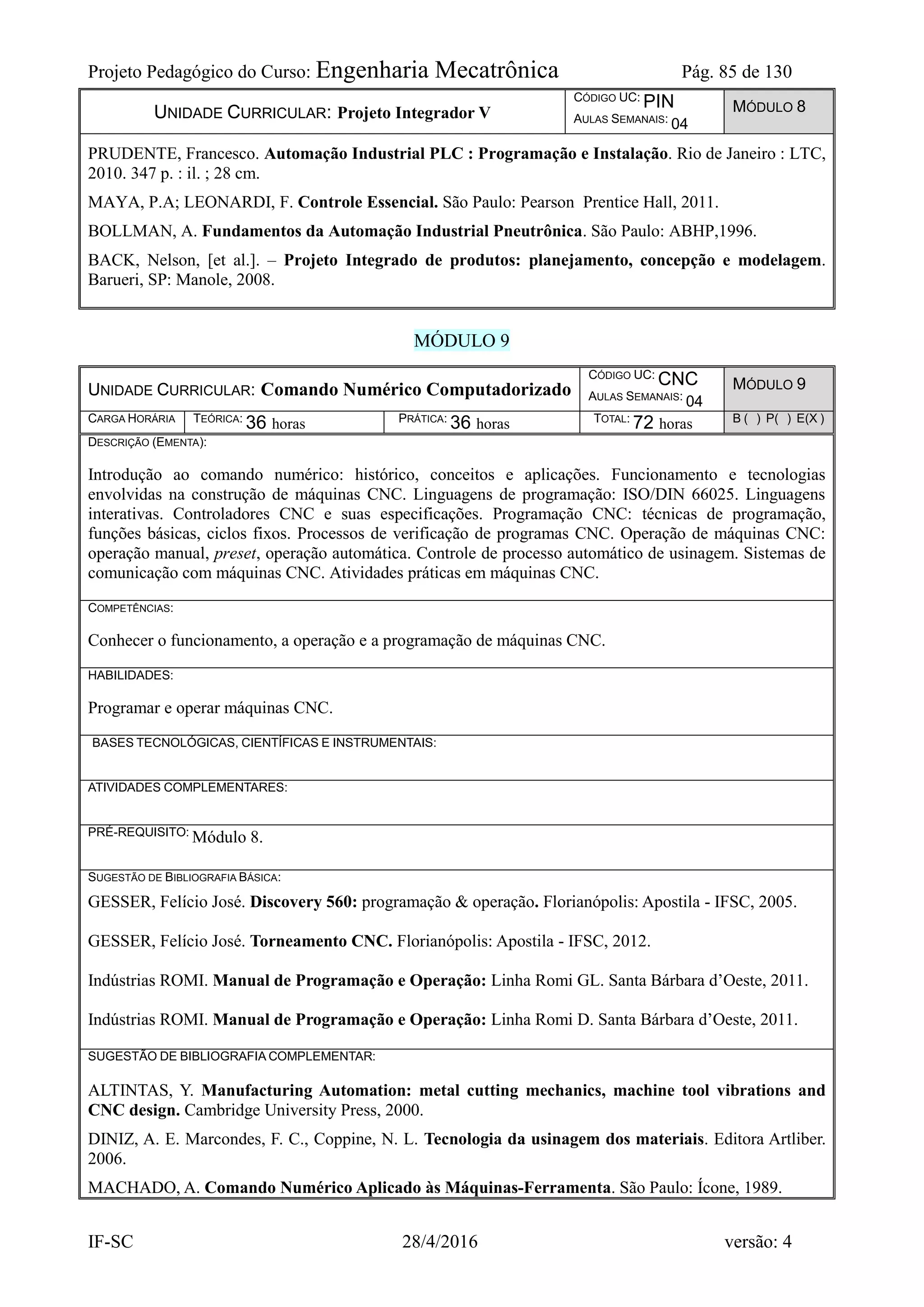 Projeto Pedagógico do Curso: Engenharia Mecatrônica Pág. 85 de 130
IF-SC 28/4/2016 versão: 4
UNIDADE CURRICULAR: Projeto Integrador V
CÓDIGO UC: PIN
AULAS SEMANAIS: 04
MÓDULO 8
PRUDENTE, Francesco. Automação Industrial PLC : Programação e Instalação. Rio de Janeiro : LTC,
2010. 347 p. : il. ; 28 cm.
MAYA, P.A; LEONARDI, F. Controle Essencial. São Paulo: Pearson Prentice Hall, 2011.
BOLLMAN, A. Fundamentos da Automação Industrial Pneutrônica. São Paulo: ABHP,1996.
BACK, Nelson, [et al.]. – Projeto Integrado de produtos: planejamento, concepção e modelagem.
Barueri, SP: Manole, 2008.
MÓDULO 9
UNIDADE CURRICULAR: Comando Numérico Computadorizado
CÓDIGO UC: CNC
AULAS SEMANAIS: 04
MÓDULO 9
CARGA HORÁRIA TEÓRICA: 36 horas PRÁTICA: 36 horas TOTAL: 72 horas B ( ) P( ) E(X )
DESCRIÇÃO (EMENTA):
Introdução ao comando numérico: histórico, conceitos e aplicações. Funcionamento e tecnologias
envolvidas na construção de máquinas CNC. Linguagens de programação: ISO/DIN 66025. Linguagens
interativas. Controladores CNC e suas especificações. Programação CNC: técnicas de programação,
funções básicas, ciclos fixos. Processos de verificação de programas CNC. Operação de máquinas CNC:
operação manual, preset, operação automática. Controle de processo automático de usinagem. Sistemas de
comunicação com máquinas CNC. Atividades práticas em máquinas CNC.
COMPETÊNCIAS:
Conhecer o funcionamento, a operação e a programação de máquinas CNC.
HABILIDADES:
Programar e operar máquinas CNC.
BASES TECNOLÓGICAS, CIENTÍFICAS E INSTRUMENTAIS:
ATIVIDADES COMPLEMENTARES:
PRÉ-REQUISITO: Módulo 8.
SUGESTÃO DE BIBLIOGRAFIA BÁSICA:
GESSER, Felício José. Discovery 560: programação & operação. Florianópolis: Apostila - IFSC, 2005.
GESSER, Felício José. Torneamento CNC. Florianópolis: Apostila - IFSC, 2012.
Indústrias ROMI. Manual de Programação e Operação: Linha Romi GL. Santa Bárbara d’Oeste, 2011.
Indústrias ROMI. Manual de Programação e Operação: Linha Romi D. Santa Bárbara d’Oeste, 2011.
SUGESTÃO DE BIBLIOGRAFIA COMPLEMENTAR:
ALTINTAS, Y. Manufacturing Automation: metal cutting mechanics, machine tool vibrations and
CNC design. Cambridge University Press, 2000.
DINIZ, A. E. Marcondes, F. C., Coppine, N. L. Tecnologia da usinagem dos materiais. Editora Artliber.
2006.
MACHADO, A. Comando Numérico Aplicado às Máquinas-Ferramenta. São Paulo: Ícone, 1989.
 