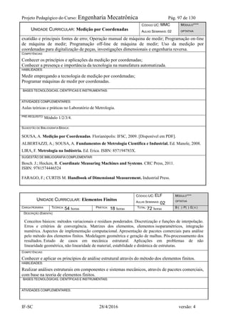 Projeto Pedagógico do Curso: Engenharia Mecatrônica Pág. 97 de 130
IF-SC 28/4/2016 versão: 4
UNIDADE CURRICULAR: Medição por Coordenadas
CÓDIGO UC: MMC
AULAS SEMANAIS: 02
MÓDULO****
OPTATIVA
exatidão e principais fontes de erro; Operação manual de máquina de medir; Programação on-line
de máquina de medir; Programação off-line de máquina de medir; Uso da medição por
coordenadas para digitalização de peças, investigações dimensionais e engenharia reversa.
COMPETÊNCIAS:
Conhecer os princípios e aplicações da medição por coordenadas;
Conhecer a presença e importância da tecnologia na manufatura automatizada.
HABILIDADES:
Medir empregando a tecnologia de medição por coordenadas;
Programar máquinas de medir por coordenadas.
BASES TECNOLÓGICAS, CIENTÍFICAS E INSTRUMENTAIS:
ATIVIDADES COMPLEMENTARES:
Aulas teóricas e práticas no Laboratório de Metrologia.
PRÉ-REQUISITO:
Módulo 1/2/3/4.
SUGESTÃO DE BIBLIOGRAFIA BÁSICA:
SOUSA, A. Medição por Coordenadas. Florianópolis: IFSC, 2009. [Disponível em PDF].
ALBERTAZZI, A.; SOUSA, A. Fundamentos de Metrologia Científica e Industrial. Ed. Manole, 2008.
LIRA, F. Metrologia na Indústria. Ed. Erica. ISBN: 857194783X.
SUGESTÃO DE BIBLIOGRAFIA COMPLEMENTAR:
Bosch. J.; Hocken, R. Coordinate Measuring Machines and Systems. CRC Press, 2011.
ISBN: 9781574446524
FARAGO, F.; CURTIS M. Handbook of Dimensional Measurement. Industrial Press.
UNIDADE CURRICULAR: Elementos Finitos
CÓDIGO UC: ELF
AULAS SEMANAIS: 02
MÓDULO****
OPTATIVA
CARGA HORÁRIA TEÓRICA: 54 horas PRÁTICA: 18 horas TOTAL: 72 horas B ( ) P( ) E( X )
DESCRIÇÃO (EMENTA):
Conceitos básicos: métodos variacionais e resíduos ponderados. Discretização e funções de interpolação.
Erros e critérios de convergência. Matrizes dos elementos, elementos isoparamétricos, integração
numérica. Aspectos de implementação computacional. Apresentação de pacotes comerciais para análise
pelo método dos elementos finitos. Modelagem geométrica e geração de malhas. Pós-processamento dos
resultados. Estudo de casos em mecânica estrutural. Aplicações em problemas de não
linearidade geométrica, não linearidade de material, estabilidade e dinâmica de estruturas.
COMPETÊNCIAS:
Conhecer e aplicar os princípios de análise estrutural através do método dos elementos finitos.
HABILIDADES:
Realizar análises estruturais em componentes e sistemas mecânicos, através de pacotes comerciais,
com base na teoria de elementos finitos.
BASES TECNOLÓGICAS, CIENTÍFICAS E INSTRUMENTAIS:
ATIVIDADES COMPLEMENTARES:
 