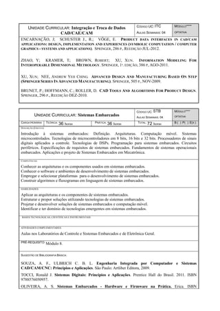 UNIDADE CURRICULAR: Integração e Troca de Dados
CAD/CAE/CAM
CÓDIGO UC: ITC
AULAS SEMANAIS: 04
MÓDULO****
OPTATIVA
ENCARNAÇÃO, J; SCHUSTER J., R.; VÖGE, E. PRODUCT DATA INTERFACES IN CAD/CAM
APPLICATIONS: DESIGN, IMPLEMENTATION AND EXPERIENCES (SYMBOLIC COMPUTATION / COMPUTER
GRAPHICS - SYSTEMS AND APPLICATIONS). SPRINGER, 286 P., REEDIÇÃO JUL-2012.
ZHAO, Y; KRAMER, T; BROWN, ROBERT; XU, XUN. INFORMATION MODELING FOR
INTEROPERABLE DIMENSIONAL METROLOGY. SPRINGER, 1ª. EDIÇÃO, 386 P, AGO-2011.
XU, XUN; NEE, ANDREW YEH CHING. ADVANCED DESIGN AND MANUFACTURING BASED ON STEP
(SPRINGER SERIES IN ADVANCED MANUFACTURING). SPRINGER, 505 P., NOV-2009.
BRUNET, P.; HOFFMANN, C.; ROLLER, D. CAD TOOLS AND ALGORITHMS FOR PRODUCT DESIGN.
SPRINGER, 296 P., REEDIÇÃO DEZ-2010.
UNIDADE CURRICULAR: Sistemas Embarcados
CÓDIGO UC: STB
AULAS SEMANAIS: 04
MÓDULO****
OPTATIVA
CARGA HORÁRIA TEÓRICA: 36 horas PRÁTICA: 36 horas TOTAL: 72 horas B ( ) P( ) E(X )
DESCRIÇÃO (EMENTA):
Introdução à sistemas embarcados: Definição. Arquiteturas. Computação móvel. Sistemas
microcontrolados. Tecnologias de microcontroladores em 8 bits, 16 bits e 32 bits. Processadores de sinais
digitais aplicados a controle. Tecnologias de DSPs. Programação para sistemas embarcados. Circuitos
periféricos. Especificações de requisitos de sistemas embarcados. Fundamentos de sistemas operacionais
embarcados. Aplicações e projeto de Sistemas Embarcados em Mecatrônica.
COMPETÊNCIAS:
Conhecer as arquiteturas e os componentes usados em sistemas embarcados.
Conhecer o software e ambientes de desenvolvimento de sistemas embarcados.
Empregar e selecionar plataformas para o desenvolvimento de sistemas embarcados.
Construir algoritmos e fluxogramas em linguagem de sistemas embarcados.
HABILIDADES:
Aplicar as arquiteturas e os componentes de sistemas embarcados.
Estruturar e propor soluções utilizando tecnologias de sistemas embarcados.
Projetar e desenvolver soluções de sistemas embarcados e computação móvel.
Identificar e ter domínio de tecnologias emergentes em sistemas embarcados.
BASES TECNOLÓGICAS, CIENTÍFICAS E INSTRUMENTAIS:
ATIVIDADES COMPLEMENTARES:
Aulas nos Laboratórios de Controle e Sistemas Embarcados e de Eletrônica Geral.
PRÉ-REQUISITO: Módulo 8.
SUGESTÃO DE BIBLIOGRAFIA BÁSICA:
SOUZA, A. F., ULBRICH C. B. L. Engenharia Integrada por Computador e Sistemas
CAD/CAM/CNC: Princípios e Aplicações. São Paulo: Artliber Editora, 2009.
TOCCI, Ronald J. Sistemas Digitais: Princípios e Aplicações. Prentice Hall do Brasil. 2011. ISBN
9788576050957.
OLIVEIRA, A. S. Sistemas Embarcados - Hardware e Firmware na Prática. Erica. ISBN
 