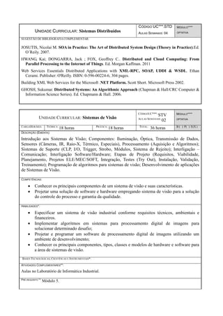 UNIDADE CURRICULAR: Sistemas Distribuídos
CÓDIGO UC***:STD
AULAS SEMANAIS: 04
MÓDULO****
OPTATIVA
SUGESTÃO DE BIBLIOGRAFIACOMPLEMENTAR:
JOSUTIS, Nicolai M. SOA in Practice: The Art of Distributed System Design (Theory in Practice).Ed.
O´Reily. 2007.
HWANG, Kai; DONGARRA, Jack ; FOX, Geoffrey C.. Distributed and Cloud Computing: From
Parallel Processing to the Internet of Things. Ed. Morgan Kaffman. 2011
Web Services Essentials Distributed Applications with XML-RPC, SOAP, UDDI & WSDL. Ethan
Cerami. Publisher: O'Reilly. ISBN: 0-596-00224-6, 304 pages.
Building XML Web Services for the Microsoft .NET Platform. Scott Short. Microsoft Press 2002.
GHOSH, Sukumar. Distributed Systems: An Algorithmic Approach (Chapman & Hall/CRC Computer &
Information Science Series). Ed. Chapmann & Hall. 2006.
UNIDADE CURRICULAR: Sistemas de Visão
CÓDIGOUC***:
STV
AULAS SEMANAIS:
02
MÓDULO****
OPTATIVA
CARGAHORÁRIA TEÓRICA:
18 horas PRÁTICA:
18 horas TOTAL:
36 horas B ( ) P( ) E(X )
DESCRIÇÃO (EMENTA):
Introdução aos Sistemas de Visão; Componentes: Iluminação, Óptica, Transmissão de Dados,
Sensores (Câmeras, IR, Raio-X, Térmico, Especiais), Processamento (Aquisição e Algoritmos);
Sistemas de Suporte (CLP, I/O, Trigger, Strobo, Módulos, Sistema de Rejeito); Interligação –
Comunicação; Interligação Software/Hardware; Etapas de Projeto (Requisitos, Viabilidade,
Planejamento, Projetos ELE/MEC/SOFT, Integração, Testes (Try Out), Instalação, Validação,
Treinamento); Programação de algoritmos para sistemas de visão; Desenvolvimento de aplicações
de Sistemas de Visão.
COMPETÊNCIAS:
 Conhecer os principais componentes de um sistema de visão e suas características.
 Projetar uma solução de software e hardware empregando sistema de visão para a solução
do controle do processo e garantia da qualidade.
HABILIDADES*:
 Especificar um sistema de visão industrial conforme requisitos técnicos, ambientais e
financeiros.
 Implementar algoritmos em sistemas para processamento digital de imagens para
solucionar determinado desafio;
 Projetar e programar um software de processamento digital de imagens utilizando um
ambiente de desenvolvimento;
 Conhecer os principais componentes, tipos, classes e modelos de hardware e software para
a área de sistemas de visão.
BASES TECNOLÓGICAS, CIENTÍFICAS E INSTRUMENTAIS*:
ATIVIDADES COMPLEMENTARES**:
Aulas no Laboratório de Informática Industrial.
PRÉ-REQUISITO **:
Módulo 5.
 