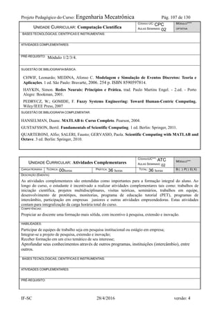 Projeto Pedagógico do Curso: Engenharia Mecatrônica Pág. 107 de 130
IF-SC 28/4/2016 versão: 4
UNIDADE CURRICULAR: Computação Científica
CÓDIGO UC: CPC
AULAS SEMANAIS: 02
MÓDULO****
OPTATIVA
BASES TECNOLÓGICAS, CIENTÍFICAS E INSTRUMENTAIS:
ATIVIDADES COMPLEMENTARES:
PRÉ-REQUISITO: Módulo 1/2/3/4.
SUGESTÃO DE BIBLIOGRAFIA BÁSICA:
CHWIF, Leonardo; MEDINA, Afonso C. Modelagem e Simulação de Eventos Discretos: Teoria e
Aplicações. 1 ed. São Paulo: Bravarte, 2006. 254 p. ISBN 8590597814.
HAYKIN, Simon. Redes Neurais: Princípios e Prática. trad. Paulo Martins Engel. - 2.ed. - Porto
Alegre: Bookman, 2001.
PEDRYCZ, W.; GOMIDE, F. Fuzzy Systems Engineering: Toward Human-Centric Computing.
Wiley/IEEE Press, 2007
SUGESTÃO DE BIBLIOGRAFIA COMPLEMENTAR:
HANSELMAN, Duane. MATLAB 6: Curso Completo. Pearson, 2004.
GUSTAFSSON, Bertil. Fundamentals of Scientific Computing. 1 ed. Berlin: Springer, 2011.
QUARTERONI, Alfio; SALERI, Fausto; GERVASIO, Paola. Scientific Computing with MATLAB and
Octave. 3 ed. Berlin: Springer, 2010.
UNIDADE CURRICULAR: Atividades Complementares
CÓDIGOUC***: ATC
AULAS SEMANAIS: 02
MÓDULO***
CARGA HORÁRIA TEÓRICA: 00horas PRÁTICA: 36 horas TOTAL: 36 horas B ( ) P( ) E( X)
DESCRIÇÃO (EMENTA):
As atividades complementares são entendidas como importantes para a formação integral do aluno. Ao
longo do curso, o estudante é incentivado a realizar atividades complementares tais como: trabalhos de
iniciação científica, projetos multidisciplinares, visitas teóricas, seminários, trabalhos em equipe,
desenvolvimento de protótipos, monitorias, programa de educação tutorial (PET), programas de
intercâmbio, participação em empresas juniores e outras atividades empreendedoras. Estas atividades
contam para integralização da carga horária total do curso.
COMPETÊNCIAS:
Propiciar ao discente uma formação mais sólida, com incentivo à pesquisa, extensão e inovação.
HABILIDADES:
Participar de equipes de trabalho seja em pesquisa institucional ou estágio em empresa;
Integrar-se a projeto de pesquisa, extensão e inovação;
Receber formação em um eixo temático de seu interesse;
Aprofundar seus conhecimentos através de outros programas, instituições (intercâmbio), entre
outros.
BASES TECNOLÓGICAS, CIENTÍFICAS E INSTRUMENTAIS:
ATIVIDADES COMPLEMENTARES:
PRÉ-REQUISITO:
 