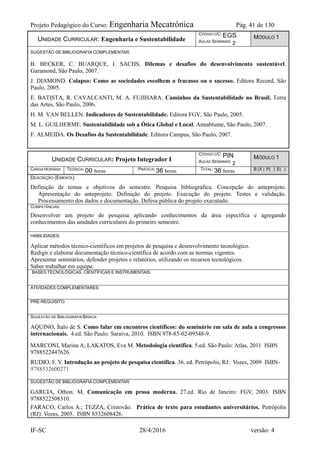 Projeto Pedagógico do Curso: Engenharia Mecatrônica Pág. 41 de 130
IF-SC 28/4/2016 versão: 4
UNIDADE CURRICULAR: Engenharia e Sustentabilidade
CÓDIGO UC: EGS
AULAS SEMANAIS: 2
MÓDULO 1
SUGESTÃO DE BIBLIOGRAFIA COMPLEMENTAR:
B. BECKER, C. BUARQUE, I. SACHS. Dilemas e desafios do desenvolvimento sustentável.
Garamond, São Paulo, 2007.
J. DIAMOND. Colapso: Como as sociedades escolhem o fracasso ou o sucesso. Editora Record, São
Paulo, 2005.
E. BATISTA, R. CAVALCANTI, M. A. FUJIHARA. Caminhos da Sustentabilidade no Brasil. Terra
das Artes, São Paulo, 2006.
H. M. VAN BELLEN. Indicadores de Sustentabilidade. Editora FGV, São Paulo, 2005.
M. L. GUILHERME. Sustentabilidade sob a Ótica Global e Local. Annablume, São Paulo, 2007.
F. ALMEIDA. Os Desafios da Sustentabilidade. Editora Campus, São Paulo, 2007.
UNIDADE CURRICULAR: Projeto Integrador I
CÓDIGO UC: PIN
AULAS SEMANAIS: 2
MÓDULO 1
CARGA HORÁRIA TEÓRICA: 00 horas PRÁTICA: 36 horas TOTAL: 36 horas B (X ) P( ) E( )
DESCRIÇÃO (EMENTA):
Definição de temas e objetivos do semestre. Pesquisa bibliográfica. Concepção do anteprojeto.
Apresentação do anteprojeto. Definição do projeto. Execução do projeto. Testes e validação.
Processamento dos dados e documentação. Defesa pública do projeto executado.
COMPETÊNCIAS:
Desenvolver um projeto de pesquisa aplicando conhecimentos da área específica e agregando
conhecimentos das unidades curriculares do primeiro semestre.
HABILIDADES:
Aplicar métodos técnico-científicos em projetos de pesquisa e desenvolvimento tecnológico.
Redigir e elaborar documentação técnico-científica de acordo com as normas vigentes.
Apresentar seminários, defender projetos e relatórios, utilizando os recursos tecnológicos.
Saber trabalhar em equipe.
BASES TECNOLÓGICAS, CIENTÍFICAS E INSTRUMENTAIS:
ATIVIDADES COMPLEMENTARES:
PRÉ-REQUISITO:
SUGESTÃO DE BIBLIOGRAFIA BÁSICA:
AQUINO, Ítalo de S. Como falar em encontros científicos: do seminário em sala de aula a congressos
internacionais. 4.ed. São Paulo: Saraiva, 2010. ISBN 978-85-02-09548-9.
MARCONI, Marina A; LAKATOS, Eva M. Metodologia científica. 5.ed. São Paulo: Atlas, 2011 ISBN
9788522447626.
RUDIO, F. V. Introdução ao projeto de pesquisa científica. 36. ed. Petrópolis, RJ: Vozes, 2009 ISBN-
9788532600271
SUGESTÃO DE BIBLIOGRAFIA COMPLEMENTAR:
GARCIA, Othon. M. Comunicação em prosa moderna. 27.ed. Rio de Janeiro: FGV, 2003. ISBN
9788522508310.
FARACO, Carlos A.; TEZZA, Cristovão. Prática de texto para estudantes universitários. Petrópolis
(RJ): Vozes, 2005. ISBN 8532608426.
 