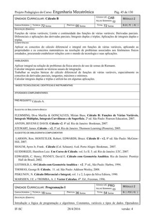 Projeto Pedagógico do Curso: Engenharia Mecatrônica Pág. 45 de 130
IF-SC 28/4/2016 versão: 4
UNIDADE CURRICULAR: Cálculo B
CÓDIGO UC: CAB
AULAS SEMANAIS: 02
MÓDULO 2
CARGA HORÁRIA TEÓRICA: 72 horas PRÁTICA: 00 horas TOTAL: 72 horas B (X ) P( ) E( )
DESCRIÇÃO (EMENTA):
Funções de várias variáveis; Limite e continuidade das funções de várias variáveis; Derivadas parciais.
Diferenciais e aplicações das derivadas parciais; Integrais duplas e triplas; Aplicações de integrais duplas e
triplas.
COMPETÊNCIAS:
Aplicar os conceitos do cálculo diferencial e integral em funções de várias variáveis, aplicando as
propriedades e os conceitos matemáticos na resolução de problemas associados aos fenômenos físicos
estudados, procurando estabelecer relações com o mundo da tecnologia e suas aplicações.
HABILIDADES:
Aplicar integral na solução de problemas da física através do uso de somas de Riemann.
Calcular integrais usando as técnicas usuais de integração.
Trabalhar as noções básicas do cálculo diferencial de funções de várias variáveis, especialmente os
conceitos de derivadas parciais, tangentes, máximos e mínimos.
Calcular integrais duplas e triplas e utilizá-las em algumas aplicações.
BASES TECNOLÓGICAS, CIENTÍFICAS E INSTRUMENTAIS:
ATIVIDADES COMPLEMENTARES:
PRÉ-REQUISITO: Cálculo A.
SUGESTÃO DE BIBLIOGRAFIA BÁSICA:
FLEMMING, Diva Marília & GONÇALVES, Mirian Buss, Cálculo B: Funções de Várias Variáveis,
Integrais Múltiplas, Integrais Curvilíneas e de Superfície. 2ª ed. São Paulo: Pearson Education, 2007.
ANTON, BIVENS E DAVIS. Cálculo v2. 8ª ed. Rio de Janeiro: Bookman, 2007.
STEWART, James. Cálculo – v2. 5ª ed. Rio de Janeiro: Thomson Learning (Pioneira), 2005.
SUGESTÃO DE BIBLIOGRAFIA COMPLEMENTAR:
LARSON, Ron; HOSTETLER, Robert; EDWARDS, Bruce. Cálculo II - v2. 8ª ed. São Paulo: McGraw-
Hill, 2007.
SHAUM, Ayres Jr, Frank . Cálculo (Col. Schaum). 4.ed. Porto Alegre: Bookman, 2007.
GUIDORIZZI, Hamilton Luiz. Um Curso de Cálculo. vol. I e II. 5. ed. Rio de Janeiro: LTC, 2007.
EDWARDS, C. Henry; PENNEY, David E. Cálculo com Geometria Analítica. Rio de Janeiro: Prentice
Hall do Brasil, 2002.
LEITHOLD, L. O Cálculo com Geometria Analítica - v2. 3ª ed., São Paulo: Harbra, 1994.
THOMAS, George B. Cálculo. 11. ed. São Paulo: Addison Wesley, 2008.
PISKUNOV, N. Cálculo Diferencial e Integral, vol. 1 e 2, Lopes da Silva Editora, 1990.
MARSDEN, J.E. e TROMBA, A. J. Vector Calculus. 4th
. Ed., Freeman, 1996.
UNIDADE CURRICULAR: Programação I
CÓDIGO UC: PRG
AULAS SEMANAIS: 03
MÓDULO 2
CARGA HORÁRIA TEÓRICA: 18 horas PRÁTICA: 36 horas TOTAL: 54 horas B ( ) P(X ) E( )
DESCRIÇÃO (EMENTA):
Introdução a lógica de programação e algoritmos. Constantes, variáveis e tipos de dados. Operadores
 