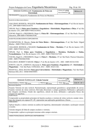 Projeto Pedagógico do Curso: Engenharia Mecatrônica Pág. 59 de 130
IF-SC 28/4/2016 versão: 4
UNIDADE CURRICULAR: Fundamentos de Física em
Eletricidade
CÓDIGO UC: FFE
AULAS SEMANAIS: 06
MÓDULO 4
PRÉ-REQUISITO: Cálculo B e Fundamentos de Física em Mecânica.
SUGESTÃO DE BIBLIOGRAFIA BÁSICA:
HALLIDAY, RESNICK e WALKER. Fundamentos de Física – Eletromagnetismo. 8ª ed. Rio de Janeiro:
LTC, 2009 ISBN 9788521618379.
TIPLER, Paul A. Física para Cientistas e Engenheiros - Eletricidade, Magnetismo e Ótica. 6ª ed. Rio
de Janeiro: LTC, 2009 ISBN 9788521618935.
YOUNG, Hugh D. e FREEDMAN, Roger A. Física III – Eletromagnetismo. 12ª ed. São Paulo: Pearson
Education, 2008 ISBN 9788588639348.
SUGESTÃO DE BIBLIOGRAFIA COMPLEMENTAR:
NUSSENZVEIG, H. Moysés. Curso de Física Básica – Eletromagnetismo. 4ª ed. São Paulo: Edgard
Blücher - ISBN 9788521201342.
HALLIDAY, RESNICK e WALKER. Fundamentos de Física – Mecânica. 8ª ed. Rio de Janeiro: LTC,
2009 - ISBN 9788521618355.
TIPLER, Paul A. Física para Cientistas e Engenheiros - Mecânica, Oscilações e Ondas,
Termodinâmica. 6ª ed. Rio de Janeiro: LTC, 2009 - ISBN 9788521617105.
YOUNG, Hugh D. e FREEDMAN, Roger A. Física I – Mecânica. 12ª ed. São Paulo: Pearson Education,
2008 - ISBN 9788588639300.
HALLIDAY, ROBERT E KRANE. Física I. 5ª ed. Rio de Janeiro: LTC, 2002 - ISBN 8521613520.
JEWETT, John W. e SERWAY, Raymond A. Física para Cientistas e Engenheiros v3 – Eletricidade e
Magnetismo – 1ªed. São Paulo: CENGAGE, 2012 – ISBN: 852211103.
WESTFALL, DIAS, BAUER. Física para Universitários – Eletricidade e Magnetismo. 1ªed. São Paulo:
McGraw-Hill, 2012 - ISNB 8580550947.
UNIDADE CURRICULAR: Cálculo Vetorial
CÓDIGO UC: CAV
AULAS SEMANAIS: 04
MÓDULO 4
CARGA HORÁRIA TEÓRICA: 72 horas PRÁTICA: 00 horas TOTAL: 72 horas B (X) P( ) E( )
DESCRIÇÃO (EMENTA):
Funções Vetoriais de uma variável; Parametrização, representação geométrica e propriedades de curvas;
Funções vetoriais de várias variáveis; Derivadas direcionais e campos gradientes; Definições e aplicações
das integrais curvilíneas; Estudo das superfícies, cálculo de áreas, definições e aplicações físicas das
integrais de superfície.
COMPETÊNCIAS:
Compreender as propriedades principais de funções escalares e vetoriais de várias variáveis; estudar vários
tipos das integrais nos espaços R² e R³, representar suas aplicações geométricas e físicas.
HABILIDADES:
Aplicar funções a valores vetoriais na análise de trajetórias, determinando velocidade e aceleração vetorial
e escalar;
Calcular integrais de linha de campos escalares e vetoriais;
Compreender e aplicar os principais teoremas sobre campos vetoriais.
BASES TECNOLÓGICAS, CIENTÍFICAS E INSTRUMENTAIS:
 
