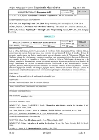 Projeto Pedagógico do Curso: Engenharia Mecatrônica Pág. 61 de 130
IF-SC 28/4/2016 versão: 4
UNIDADE CURRICULAR: Programação III
CÓDIGO UC: PGM
AULAS SEMANAIS: 02
MÓDULO 4
STROUSTRUP, Bjarne. Princípios e Práticas de Programação C++. Ed. Bookmann. 2011.
SUGESTÃO DE BIBLIOGRAFIA COMPLEMENTAR:
HORTON, Ivor. Beginning Visual C++. 2010. Wiley Publishing, Inc. Indianapolis, IN, USA. 2010.
PRATA, Stephen. C++ Primer Plus - Developer´s Library. 6th Edition. 2011. Pearson Education, Inc.
DAWSON, Michael. Beginning C++ Through Game Programming. Boston, MA/USA. 2011. Cengage
Learning.
MÓDULO 5
UNIDADE CURRICULAR: Análise de Circuitos Elétricos
CÓDIGO UC: ACE
AULAS SEMANAIS: 04
MÓDULO 5
CARGA HORÁRIA TEÓRICA: 72 horas PRÁTICA: 00 horas TOTAL: 72 horas B ( ) P(X ) E( )
DESCRIÇÃO (EMENTA):
Lei de Ohm, efeito Joule, resistores, associação de resistores, fontes de energia elétrica, potência elétrica,
conservação de energia, fontes de tensão e de corrente, leis de Kirchhoff, divisor de tensão e divisor de
corrente, transformação de fontes, transformação estrela-triângulo, ponte de Wheatstone. Método das
Malhas e Método dos Nós (quando é vantagem em utilizar cada um destes métodos). Teorema de Thevenin,
superposição. Capacitor e capacitância. Indutor e indutância. Relação Volt-Ampère do capacitor e do
indutor. Impedância do capacitor e indutor em corrente alternada. Representação fasorial e no domínio do
tempo. Transitórios em circuitos de corrente contínua. Circuitos (RL e RC). Potência (ativa, reativa e
aparente), fator de potência para circuitos lineares e não lineares, correção do fator de potência. Circuitos
trifásicos: ligação em estrela e em triângulo, ligações mistas, potências em sistemas trifásicos. Análise de
circuitos com amplificadores operacionais com realimentação negativa. Simulação de circuitos elétricos.
COMPETÊNCIAS:
Conhecer as diversas técnicas de análise de circuitos elétricos.
HABILIDADES:
Projetar e analisar diversos tipos de circuitos elétricos.
BASES TECNOLÓGICAS, CIENTÍFICAS E INSTRUMENTAIS:
ATIVIDADES COMPLEMENTARES:
PRÉ-REQUISITO: Módulo 1/2/3/4.
SUGESTÃO DE BIBLIOGRAFIA BÁSICA:
BOYLESTAD, Robert; NASHELSKY, Louis. Dispositivos eletrônicos e teoria de circuitos. 8ª ed.
Prentice Hall do Brasil, 2004.
NILSSON, James W.,RIEDEL, Susan A. Circuitos Elétricos. Prentice Hall/Pearson, 8ª. Ed, 2008.
MALVINO, Albert Paul. Eletrônica vol. 1. 4ª ed. Makron Books, 1997.
SUGESTÃO DE BIBLIOGRAFIA COMPLEMENTAR:
MALVINO, Albert Paul. Eletrônica. vol. 2. 4ª ed. Makron Books, 1997.
BOYLESTAD, Robert. Introdução à análise de circuitos. 10. ed. São Paulo: Prentice Hall do Brasil,
2004.
SEDRA, A; Smith, K. C. Microeletrônica. Pearson, 5ª Ed, 2007.
 