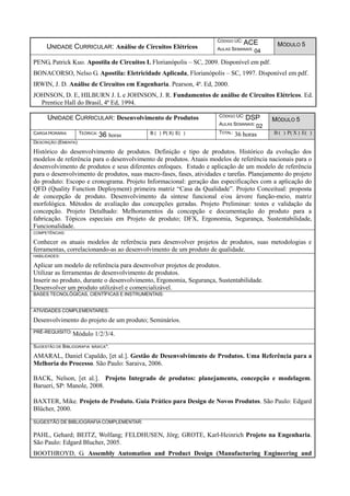 UNIDADE CURRICULAR: Análise de Circuitos Elétricos
CÓDIGO UC: ACE
AULAS SEMANAIS: 04
MÓDULO 5
PENG, Patrick Kuo. Apostila de Circuitos I. Florianópolis – SC, 2009. Disponível em pdf.
BONACORSO, Nelso G. Apostila: Eletricidade Aplicada, Florianópolis – SC, 1997. Disponível em pdf.
IRWIN, J. D. Análise de Circuitos em Engenharia. Pearson, 4ª. Ed, 2000.
JOHNSON, D. E, HILBURN J. L e JOHNSON, J. R. Fundamentos de análise de Circuitos Elétricos. Ed.
Prentice Hall do Brasil, 4ª Ed, 1994.
UNIDADE CURRICULAR: Desenvolvimento de Produtos CÓDIGO UC: DSP
AULAS SEMANAIS: 02
MÓDULO 5
CARGA HORÁRIA TEÓRICA: 36 horas B ( ) P( X) E( ) TOTAL: 36 horas B ( ) P( X ) E( )
DESCRIÇÃO (EMENTA):
Histórico do desenvolvimento de produtos. Definição e tipo de produtos. Histórico da evolução dos
modelos de referência para o desenvolvimento de produtos. Atuais modelos de referência nacionais para o
desenvolvimento de produtos e seus diferentes enfoques. Estudo e aplicação de um modelo de referência
para o desenvolvimento de produtos, suas macro-fases, fases, atividades e tarefas. Planejamento do projeto
do produto: Escopo e cronograma. Projeto Informacional: geração das especificações com a aplicação do
QFD (Quality Function Deployment) primeira matriz “Casa da Qualidade”. Projeto Conceitual: proposta
de concepção de produto. Desenvolvimento da síntese funcional e/ou árvore função-meio, matriz
morfológica. Métodos de avaliação das concepções geradas. Projeto Preliminar: testes e validação da
concepção. Projeto Detalhado: Melhoramentos da concepção e documentação do produto para a
fabricação. Tópicos especiais em Projeto de produto; DFX, Ergonomia, Segurança, Sustentabilidade,
Funcionalidade.
COMPETÊNCIAS:
Conhecer os atuais modelos de referência para desenvolver projetos de produtos, suas metodologias e
ferramentas, correlacionando-as ao desenvolvimento de um produto de qualidade.
HABILIDADES:
Aplicar um modelo de referência para desenvolver projetos de produtos.
Utilizar as ferramentas de desenvolvimento de produtos.
Inserir no produto, durante o desenvolvimento, Ergonomia, Segurança, Sustentabilidade.
Desenvolver um produto utilizável e comercializável.
BASES TECNOLÓGICAS, CIENTÍFICAS E INSTRUMENTAIS:
ATIVIDADES COMPLEMENTARES:
Desenvolvimento do projeto de um produto; Seminários.
PRÉ-REQUISITO: Módulo 1/2/3/4.
SUGESTÃO DE BIBLIOGRAFIA BÁSICA*:
AMARAL, Daniel Capaldo, [et al.]. Gestão de Desenvolvimento de Produtos. Uma Referência para a
Melhoria do Processo. São Paulo: Saraiva, 2006.
BACK, Nelson, [et al.]. Projeto Integrado de produtos: planejamento, concepção e modelagem.
Barueri, SP: Manole, 2008.
BAXTER, Mike. Projeto de Produto. Guia Prático para Design de Novos Produtos. São Paulo: Edgard
Blücher, 2000.
SUGESTÃO DE BIBLIOGRAFIA COMPLEMENTAR:
PAHL, Gehard; BEITZ, Wolfang; FELDHUSEN, Jörg; GROTE, Karl-Heinrich Projeto na Engenharia.
São Paulo: Edgard Blucher, 2005.
BOOTHROYD, G. Assembly Automation and Product Design (Manufacturing Engineering and
 