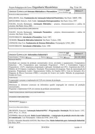 Projeto Pedagógico do Curso: Engenharia Mecatrônica Pág. 75 de 130
IF-SC 28/4/2016 versão: 4
UNIDADE CURRICULAR:Sistemas Hidráulicos e Pneumáticos
CÓDIGO UC:SHP
AULAS SEMANAIS: 04
MÓDULO 7
SUGESTÃO DE BIBLIOGRAFIA BÁSICA:
BOLLMANN, Arno. Fundamentos da Automação Industrial Pneutrônica. São Paulo: ABHP, 1996.
BONACORSO, Nelso G.; Noll, Valdir. Automação Eletropneumática. São Paulo: Erica, 1997.
FIALHO, Arivelto Burtamante. Automação Hidráulica – projetos, dimensionamentos e análise de
circuitos. São Paulo: Erica, 2005.
SUGESTÃO DE BIBLIOGRAFIA COMPLEMENTAR:
FIALHO, Arivelto Burtamante. Automação Pneumática – projetos, dimensionamentos e análise de
circuitos. São Paulo: Erica, 2003.
FESTO DIDATIC. Introdução à Pneumática. Festo: 1987.
VICKERS. Manual de Hidráulica Industrial. São Paulo: Vickers, 1989.
LISINGEM, Irlan Von. Fundamentos de Sistemas Hidráulicos. Florianópolis: UFSC, 2001.
FESTO DIDATIC. Introdução à Hidráulica. Festo: 1990.
UNIDADE CURRICULAR: Informática Industrial I
CÓDIGO UC: INF
AULAS SEMANAIS: 02
MÓDULO 7
CARGA HORÁRIA TEÓRICA: 18 horas PRÁTICA: 18 horas TOTAL: 36 horas B ( ) P( ) E( X)
DESCRIÇÃO (EMENTA):
Introdução aos sistemas de produção automatizados: níveis, atividades e equipamentos. Computadores
Industriais - PCi, Computadores para Automação Programável - PAC's e Controladores Lógicos
Programáveis – CLP’s: arquitetura, programação e aplicação. Introdução aos CPL's. Arquitetura dos CLPs.
Módulos de E/S digitais e analógicos. Simulação. Processamento de programa. Tipos de representação de
programa. Programação Ladder, Sequenciamento Gráfico de Funções (SFC), Lista de Instruções (IL),
Diagrama de Blocos Funcionais (FBD) e conversão de Grafcet em Ladder. Métodos de programação.
Estudos de Casos.
COMPETÊNCIAS:
Compreender e projetar a implantação de CLPs em sistemas de produção.
HABILIDADES:
Diferenciar os elementos essenciais da informática quando empregada em sistemas de produção
automatizados;
Programar e implementar CLPs em sistemas de produção automatizados.
BASES TECNOLÓGICAS, CIENTÍFICAS E INSTRUMENTAIS:
ATIVIDADES COMPLEMENTARES:
PRÉ-REQUISITO: Módulo 6.
SUGESTÃO DE BIBLIOGRAFIA BÁSICA:
PRUDENTE, Francesco. Automação Industrial PLC : Programação e Instalação. Rio de Janeiro : LTC,
2010. 347 p. : il. ; 28 cm.
STEMMER, Marcelo Ricardo. Redes Locais Industriais – A integração da produção através das redes
de comunicação. 1.ed. Florianópolis : Editora da UFSC, 2010. 272p.
LUGLI, Alexandre Baratella.SANTOS, Max Mauro Dias. Redes Industriais para Automação Industrial.
Ed. Érica. 2010.
 