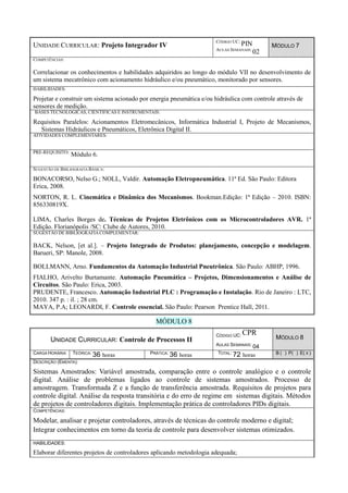 UNIDADE CURRICULAR: Projeto Integrador IV
CÓDIGO UC:
PIN
AULAS SEMANAIS:
02
MÓDULO 7
COMPETÊNCIAS:
Correlacionar os conhecimentos e habilidades adquiridos ao longo do módulo VII no desenvolvimento de
um sistema mecatrônico com acionamento hidráulico e/ou pneumático, monitorado por sensores.
HABILIDADES:
Projetar e construir um sistema acionado por energia pneumática e/ou hidráulica com controle através de
sensores de medição.
BASES TECNOLÓGICAS, CIENTÍFICAS E INSTRUMENTAIS:
Requisitos Paralelos: Acionamentos Eletromecânicos, Informática Industrial I, Projeto de Mecanismos,
Sistemas Hidráulicos e Pneumáticos, Eletrônica Digital II.
ATIVIDADES COMPLEMENTARES:
PRÉ-REQUISITO:
Módulo 6.
SUGESTÃO DE BIBLIOGRAFIA BÁSICA:
BONACORSO, Nelso G.; NOLL, Valdir. Automação Eletropneumática. 11ª Ed. São Paulo: Editora
Erica, 2008.
NORTON, R. L. Cinemática e Dinâmica dos Mecanismos. Bookman.Edição: 1ª Edição – 2010. ISBN:
856330819X.
LIMA, Charles Borges de. Técnicas de Projetos Eletrônicos com os Microcontroladores AVR. 1ª
Edição. Florianópolis /SC: Clube de Autores, 2010.
SUGESTÃO DE BIBLIOGRAFIACOMPLEMENTAR:
BACK, Nelson, [et al.]. – Projeto Integrado de Produtos: planejamento, concepção e modelagem.
Barueri, SP: Manole, 2008.
BOLLMANN, Arno. Fundamentos da Automação Industrial Pneutrônica. São Paulo: ABHP, 1996.
FIALHO, Arivelto Burtamante. Automação Pneumática – Projetos, Dimensionamentos e Análise de
Circuitos. São Paulo: Erica, 2003.
PRUDENTE, Francesco. Automação Industrial PLC : Programação e Instalação. Rio de Janeiro : LTC,
2010. 347 p. : il. ; 28 cm.
MAYA, P.A; LEONARDI, F. Controle essencial. São Paulo: Pearson Prentice Hall, 2011.
MÓDULO 8
UNIDADE CURRICULAR: Controle de Processos II
CÓDIGO UC: CPR
AULAS SEMANAIS: 04
MÓDULO 8
CARGA HORÁRIA TEÓRICA: 36 horas PRÁTICA: 36 horas TOTAL: 72 horas B ( ) P( ) E( X )
DESCRIÇÃO (EMENTA):
Sistemas Amostrados: Variável amostrada, comparação entre o controle analógico e o controle
digital. Análise de problemas ligados ao controle de sistemas amostrados. Processo de
amostragem. Transformada Z e a função de transferência amostrada. Requisitos de projetos para
controle digital. Análise da resposta transitória e do erro de regime em sistemas digitais. Métodos
de projetos de controladores digitais. Implementação prática de controladores PIDs digitais.
COMPETÊNCIAS:
Modelar, analisar e projetar controladores, através de técnicas do controle moderno e digital;
Integrar conhecimentos em torno da teoria de controle para desenvolver sistemas otimizados.
HABILIDADES:
Elaborar diferentes projetos de controladores aplicando metodologia adequada;
 