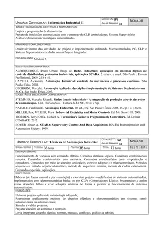 UNIDADE CURRICULAR: Informática Industrial II
CÓDIGO UC: IFI
AULAS SEMANAIS: 04
MÓDULO 8
BASES TECNOLÓGICAS, CIENTÍFICAS E INSTRUMENTAIS:
Lógica e programação de dispositivos.
Projeto de instalações automatizadas com o emprego de CLP, controladores, Sistema Supervisório.
Avaliar e dimensionar instalações automatizadas.
ATIVIDADES COMPLEMENTARES:
Desenvolvimento das atividades de projeto e implementação utilizando Microcontrolador, PC, CLP e
Sistema Supervisório articuladas com o Projeto Integrador.
PRÉ-REQUISITO: Módulo 7.
SUGESTÃO DE BIBLIOGRAFIA BÁSICA:
ALBUQUERQUE, Pedro Urbano Braga de. Redes Industriais: aplicações em sistemas digitais de
controle distribuídos; protocolos industriais, aplicações SCADA. 2.ed.rev. e ampl. São Paulo : Ensino
Profissional, 2009. 258 p : il.
CAPELLI, Alexandre. Automação Industrial: controle do movimento e processos contínuos. São
Paulo: Érica, 2008.
GEORGINI, Marcelo. Automação Aplicada: descrição e implementação de Sistemas Seqüenciais com
PLCs. São Paulo: Érica, 2007.
SUGESTÃO DE BIBLIOGRAFIA COMPLEMENTAR:
STEMMER, Marcelo Ricardo. Redes Locais Industriais – A integração da produção através das redes
de comunicação. 1.ed. Florianópolis : Editora da UFSC, 2010. 272p.
NATALE, Ferdinando. Automação Industrial. 10. ed., rev. São Paulo : Érica, 2008. 252 p. : il. ; 24cm.
MILLER, Rex; MILLER, Mark .Industrial Electricity and Motor Controls. Ed. Mc Graw Hill. 2008.
BORDEN, Terry; COX, Richard A. Technician's Guide to Programmable Controllers. Ed. Delmar
CENGACE. 2012.
BOYER , Stuart A. SCADA: Supervisory Control And Data Acquisition. ISA.The Instrumentation and
Automation Society. 1999.
UNIDADE CURRICULAR: Técnicas de Automação Industrial
CÓDIGOUC***: TAI
AULAS SEMANAIS: 04
MÓDULO 8
CARGA HORÁRIA TEÓRICA: 36 horas PRÁTICA:36 horas TOTAL: 72 horas B ( ) P( ) E(X )
DESCRIÇÃO (EMENTA):
Funcionamento de válvulas com comando elétrico. Circuitos elétricos lógicos. Comandos combinatórios
simples. Comandos combinatórios com memória. Comandos combinatórios com temporização e
contadores. Comandos por meio de circuitos analógicos, elétricos (digitais) e microcontrolados. Métodos
sequenciais: método sequencial-analítico, método de sequencial mínima, método da cadeia estacionária.
Comandos especiais. Aplicações.
COMPETÊNCIAS:
Elaborar (de forma manual e por simulação) e executar projetos simplificados de sistemas automatizados,
implementados com eletropneumática básica ou por CLPs (Controladores Lógicos Programáveis), assim
como descobrir falhas e criar soluções criativas de forma a garantir o funcionamento de sistemas
automatizados.
HABILIDADES:
Elaborar projetos aplicando metodologia adequada;
Representar graficamente projetos de circuitos elétricos e eletropneumáticos em sistemas semi-
automatizados ou automatizados;
Simular e validar projetos;
Projetar circuitos de comando e controle;
Ler e interpretar desenho técnico, normas, manuais, catálogos, gráficos e tabelas;
 
