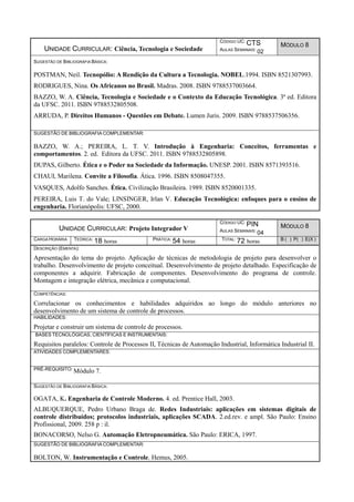 UNIDADE CURRICULAR: Ciência, Tecnologia e Sociedade
CÓDIGO UC: CTS
AULAS SEMANAIS: 02
MÓDULO 8
SUGESTÃO DE BIBLIOGRAFIA BÁSICA:
POSTMAN, Neil. Tecnopólio: A Rendição da Cultura a Tecnologia. NOBEL.1994. ISBN 8521307993.
RODRIGUES, Nina. Os Africanos no Brasil. Madras. 2008. ISBN 9788537003664.
BAZZO, W. A. Ciência, Tecnologia e Sociedade e o Contexto da Educação Tecnológica. 3ª ed. Editora
da UFSC. 2011. ISBN 9788532805508.
ARRUDA, P. Direitos Humanos - Questões em Debate. Lumen Juris. 2009. ISBN 9788537506356.
SUGESTÃO DE BIBLIOGRAFIA COMPLEMENTAR:
BAZZO, W. A.; PEREIRA, L. T. V. Introdução à Engenharia: Conceitos, ferramentas e
comportamentos. 2. ed. Editora da UFSC. 2011. ISBN 9788532805898.
DUPAS, Gilberto. Ética e o Poder na Sociedade da Informação. UNESP. 2001. ISBN 8571393516.
CHAUI, Marilena. Convite a Filosofia. Ática. 1996. ISBN 8508047355.
VASQUES, Adolfo Sanches. Ética. Civilização Brasileira. 1989. ISBN 8520001335.
PEREIRA, Luis T. do Vale; LINSINGER, Irlan V. Educação Tecnológica: enfoques para o ensino de
engenharia. Florianópolis: UFSC, 2000.
UNIDADE CURRICULAR: Projeto Integrador V
CÓDIGO UC: PIN
AULAS SEMANAIS: 04
MÓDULO 8
CARGA HORÁRIA TEÓRICA: 18 horas PRÁTICA: 54 horas TOTAL: 72 horas B ( ) P( ) E(X )
DESCRIÇÃO (EMENTA):
Apresentação do tema do projeto. Aplicação de técnicas de metodologia de projeto para desenvolver o
trabalho. Desenvolvimento de projeto conceitual. Desenvolvimento de projeto detalhado. Especificação de
componentes a adquirir. Fabricação de componentes. Desenvolvimento do programa de controle.
Montagem e integração elétrica, mecânica e computacional.
COMPETÊNCIAS:
Correlacionar os conhecimentos e habilidades adquiridos ao longo do módulo anteriores no
desenvolvimento de um sistema de controle de processos.
HABILIDADES:
Projetar e construir um sistema de controle de processos.
BASES TECNOLÓGICAS, CIENTÍFICAS E INSTRUMENTAIS:
Requisitos paralelos: Controle de Processos II, Técnicas de Automação Industrial, Informática Industrial II.
ATIVIDADES COMPLEMENTARES:
PRÉ-REQUISITO: Módulo 7.
SUGESTÃO DE BIBLIOGRAFIA BÁSICA:
OGATA, K. Engenharia de Controle Moderno. 4. ed. Prentice Hall, 2003.
ALBUQUERQUE, Pedro Urbano Braga de. Redes Industriais: aplicações em sistemas digitais de
controle distribuídos; protocolos industriais, aplicações SCADA. 2.ed.rev. e ampl. São Paulo: Ensino
Profissional, 2009. 258 p : il.
BONACORSO, Nelso G. Automação Eletropneumática. São Paulo: ERICA, 1997.
SUGESTÃO DE BIBLIOGRAFIA COMPLEMENTAR:
BOLTON, W. Instrumentação e Controle. Hemus, 2005.
 