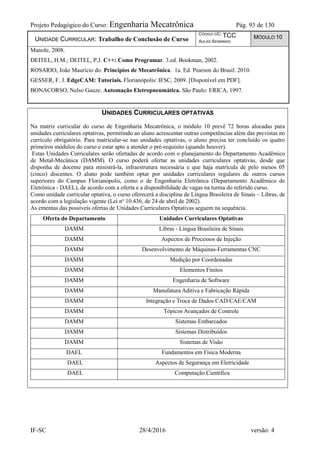 Projeto Pedagógico do Curso: Engenharia Mecatrônica Pág. 93 de 130
IF-SC 28/4/2016 versão: 4
UNIDADE CURRICULAR: Trabalho de Conclusão de Curso
CÓDIGO UC: TCC
AULAS SEMANAIS:
MÓDULO 10
Manole, 2008.
DEITEL, H.M.; DEITEL, P.J. C++: Como Programar. 3.ed. Bookman, 2002.
ROSARIO, João Mauricio do. Princípios de Mecatrônica. 1a. Ed. Pearson do Brasil. 2010.
GESSER, F. J. EdgeCAM: Tutoriais. Florianópolis: IFSC, 2009. [Disponível em PDF].
BONACORSO, Nelso Gauze. Automação Eletropneumática. São Paulo: ERICA, 1997.
UNIDADES CURRICULARES OPTATIVAS
Na matriz curricular do curso de Engenharia Mecatrônica, o módulo 10 prevê 72 horas alocadas para
unidades curriculares optativas, permitindo ao aluno acrescentar outras competências além das previstas no
currículo obrigatório. Para matricular-se nas unidades optativas, o aluno precisa ter concluído os quatro
primeiros módulos do curso e estar apto a atender o pré-requisito (quando houver).
Estas Unidades Curriculares serão ofertadas de acordo com o planejamento do Departamento Acadêmico
de Metal-Mecânica (DAMM). O curso poderá ofertar as unidades curriculares optativas, desde que
disponha de docente para ministrá-la, infraestrutura necessária e que haja matrícula de pelo menos 05
(cinco) discentes. O aluno pode também optar por unidades curriculares regulares de outros cursos
superiores do Campus Florianópolis, como o de Engenharia Eletrônica (Departamento Acadêmico de
Eletrônica - DAEL), de acordo com a oferta e a disponibilidade de vagas na turma do referido curso.
Como unidade curricular optativa, o curso oferecerá a disciplina de Língua Brasileira de Sinais – Libras, de
acordo com a legislação vigente (Lei no
10.436, de 24 de abril de 2002).
As ementas das possíveis ofertas de Unidades Curriculares Optativas seguem na sequência.
Oferta do Departamento Unidades Curriculares Optativas
DAMM Libras - Língua Brasileira de Sinais
DAMM Aspectos de Processos de Injeção
DAMM Desenvolvimento de Máquinas-Ferramentas CNC
DAMM Medição por Coordenadas
DAMM Elementos Finitos
DAMM Engenharia de Software
DAMM Manufatura Aditiva e Fabricação Rápida
DAMM Integração e Troca de Dados CAD/CAE/CAM
DAMM Tópicos Avançados de Controle
DAMM Sistemas Embarcados
DAMM Sistemas Distribuídos
DAMM Sistemas de Visão
DAEL Fundamentos em Física Moderna
DAEL Aspectos de Segurança em Eletricidade
DAEL Computação Científica
 