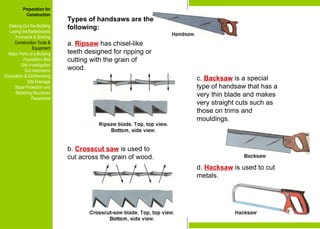 Preparation for
Construction
Staking-Out the Building
Laying the Batterboards
Formwork & Shoring
Construction Tools &
Equipment
Major Parts of a Building
Foundation Bed
Site Investigation
Soil mechanics
Excavation & Earthworking
Site Drainage
Slope Protection and
Retaining Structures
Pavements
Types of handsaws are the
following:
a. Ripsaw has chisel-like
teeth designed for ripping or
cutting with the grain of
wood.
b. Crosscut saw is used to
cut across the grain of wood.
c. Backsaw is a special
type of handsaw that has a
very thin blade and makes
very straight cuts such as
those on trims and
mouldings.
d. Hacksaw is used to cut
metals.
Preparation for
Construction
Staking-Out the Building
Laying the Batterboards
Formwork & Shoring
Construction Tools &
Equipment
Major Parts of a Building
Foundation Bed
Site Investigation
Soil mechanics
Excavation & Earthworking
Site Drainage
Slope Protection and
Retaining Structures
Pavements
 