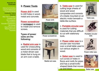 Preparation for
Construction
Staking-Out the Building
Laying the Batterboards
Formwork & Shoring
Construction Tools &
Equipment
Major Parts of a Building
Foundation Bed
Site Investigation
Soil mechanics
Excavation & Earthworking
Site Drainage
Slope Protection and
Retaining Structures
Pavements
Power drill.
Power screwdriver.
Radial arm saw.
Table saw.
Portable circular
saw.
Power miter saw.
Saber saw.
2. Power Tools
Power drill is used
to drill holes in wood,
metal and concrete.
Power screwdriver
or screwgun is used
to install and remove
screws.
Types of power
saws are the
following:
a. Radial arm saw is
used for crosscutting
wood and consists of
a motor-driven saw
blade that is hung on
an arm over a table.
b. Table saw is used for
cutting large sheets of
wood and wood
composites and consists
of a blade mounted on an
electric motor beneath a
table-like surface.
c. Portable circular saw
is used for cutting
materials that are difficult
to cut with stationary
tools.
d. Power miter saw is a
circular saw mounted
over a small table used to
cut various angles in
wood.
e. Saber saw is used to
cut curves or holes in
floors and roofs for pipes
and has a small knife-
shaped blade that moves
up and down.
Preparation for
Construction
Staking-Out the Building
Laying the Batterboards
Formwork & Shoring
Construction Tools &
Equipment
Major Parts of a Building
Foundation Bed
Site Investigation
Soil mechanics
Excavation & Earthworking
Site Drainage
Slope Protection and
Retaining Structures
Pavements
 