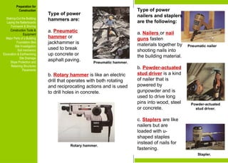 Preparation for
Construction
Staking-Out the Building
Laying the Batterboards
Formwork & Shoring
Construction Tools &
Equipment
Major Parts of a Building
Foundation Bed
Site Investigation
Soil mechanics
Excavation & Earthworking
Site Drainage
Slope Protection and
Retaining Structures
Pavements
Pneumatic hammer.
Rotary hammer.
Pneumatic nailer
Powder-actuated
stud driver.
Stapler.
Type of power
hammers are:
a. Pneumatic
hammer or
jackhammer is
used to break
up concrete or
asphalt paving.
Type of power
nailers and staplers
are the following:
a. Nailers or nail
guns fasten
materials together by
shooting nails into
the building material.
b. Powder-actuated
stud driver is a kind
of nailer that is
powered by
gunpowder and is
used to drive long
pins into wood, steel
or concrete.
c. Staplers are like
nailers but are
loaded with u-
shaped staples
instead of nails for
fastening.
b. Rotary hammer is like an electric
drill that operates with both rotating
and reciprocating actions and is used
to drill holes in concrete.
Preparation for
Construction
Staking-Out the Building
Laying the Batterboards
Formwork & Shoring
Construction Tools &
Equipment
Major Parts of a Building
Foundation Bed
Site Investigation
Soil mechanics
Excavation & Earthworking
Site Drainage
Slope Protection and
Retaining Structures
Pavements
 