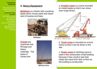 Preparation for
Construction
Staking-Out the Building
Laying the Batterboards
Formwork & Shoring
Construction Tools &
Equipment
Major Parts of a Building
Foundation Bed
Site Investigation
Soil mechanics
Excavation & Earthworking
Site Drainage
Slope Protection and
Retaining Structures
Pavements
Bulldozer.
640-foot crane.
4. Heavy Equipment
Bulldozer is a tractor with a pushing
blade which moves earth and clears
land of bushes and trees.
a. Crawler crane is a crane mounted
on metal treads so that it can move
over rough terrain.
b. Truck crane is mounted on a truck
frame so that it can be driven in the
site.
c. Tower crane or climbing crane is
used in the construction of tall building
because it has a built-in jack that
raises the crane from floor to floor as
the building is constructed.
Cranes are
machines that
lift large and
heavy
materials. The
types of
cranes are:
Preparation for
Construction
Staking-Out the Building
Laying the Batterboards
Formwork & Shoring
Construction Tools &
Equipment
Major Parts of a Building
Foundation Bed
Site Investigation
Soil mechanics
Excavation & Earthworking
Site Drainage
Slope Protection and
Retaining Structures
Pavements
 