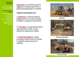 Preparation for
Construction
Staking-Out the Building
Laying the Batterboards
Formwork & Shoring
Construction Tools &
Equipment
Major Parts of a Building
Foundation Bed
Site Investigation
Soil mechanics
Excavation & Earthworking
Site Drainage
Slope Protection and
Retaining Structures
Pavements
Excavator is a machine used for
digging or scooping earth from a
place and depositing it in another.
Types of excavators are:
a. Backhoe is used for general
digging which is usually mounted
on either a crawler or truck frame.
b. Trencher is a special kind which
digs trenches or long, narrow
ditches for pipelines or cables.
c. Front-end loader is a large
shoveling machine that can scoop
or deposit a large amount of
material.
Trencher-excavator.
Backhoe.
Front-end loader.
Preparation for
Construction
Staking-Out the Building
Laying the Batterboards
Formwork & Shoring
Construction Tools &
Equipment
Major Parts of a Building
Foundation Bed
Site Investigation
Soil mechanics
Excavation & Earthworking
Site Drainage
Slope Protection and
Retaining Structures
Pavements
 