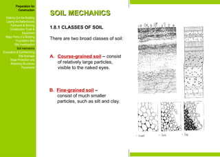 Preparation for
Construction
Staking-Out the Building
Laying the Batterboards
Formwork & Shoring
Construction Tools &
Equipment
Major Parts of a Building
Foundation Bed
Site Investigation
Soil mechanics
Excavation & Earthworking
Site Drainage
Slope Protection and
Retaining Structures
Pavements
SOIL MECHANICS
SOIL MECHANICS
1.8.1 CLASSES OF SOIL
There are two broad classes of soil:
A. Course-grained soil – consist
of relatively large particles,
visible to the naked eyes.
B. Fine-grained soil –
consist of much smaller
particles, such as silt and clay.
Preparation for
Construction
Staking-Out the Building
Laying the Batterboards
Formwork & Shoring
Construction Tools &
Equipment
Major Parts of a Building
Foundation Bed
Site Investigation
Soil mechanics
Excavation & Earthworking
Site Drainage
Slope Protection and
Retaining Structures
Pavements
 