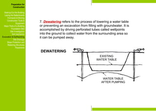 Preparation for
Construction
Staking-Out the Building
Laying the Batterboards
Formwork & Shoring
Construction Tools &
Equipment
Major Parts of a Building
Foundation Bed
Site Investigation
Soil mechanics
Excavation & Earthworking
Site Drainage
Slope Protection and
Retaining Structures
Pavements
EXISTING
WATER TABLE
WATER TABLE
AFTER PUMPING
DEWATERING
7. Dewatering refers to the process of lowering a water table
or preventing an excavation from filling with groundwater. It is
accomplished by driving perforated tubes called wellpoints
into the ground to collect water from the surrounding area so
it can be pumped away.
Preparation for
Construction
Staking-Out the Building
Laying the Batterboards
Formwork & Shoring
Construction Tools &
Equipment
Major Parts of a Building
Foundation Bed
Site Investigation
Soil mechanics
Excavation & Earthworking
Site Drainage
Slope Protection and
Retaining Structures
Pavements
 