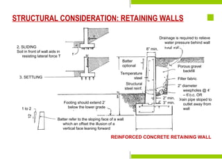 Preparation for
Construction
Staking-Out the Building
Laying the Batterboards
Formwork & Shoring
Construction Tools &
Equipment
Major Parts of a Building
Foundation Bed
Site Investigation
Soil mechanics
Excavation & Earthworking
Site Drainage
Slope Protection and
Retaining Structures
Pavements
2. SLIDING
Soil in front of wall aids in
resisting lateral force T
Drainage is required to relieve
water pressure behind wall
8” min.
Batter
optional
Temperature
steel
Structural
steel reinf.
Porous gravel
backfill
Filter fabric
2” diameter
weepholes @ 4’
– 6’o.c. OR
Drain pipe sloped to
outlet away from
wall
Footing should extend 2’
below the lower grade
Batter refer to the sloping face of a wall
which an offset the illusion of a
vertical face leaning forward
1 to 2
12
2” min.
3” min.
REINFORCED CONCRETE RETAINING WALL
3. SETTLING
STRUCTURAL CONSIDERATION: RETAINING WALLS
 