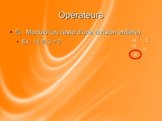 OOppéérraatteeuurrss 
● %% :: MMoodduulloo ((oouu rreessttee dd''uunnee ddiivviissiioonn eennttiièèrree)) 
● EExx :: 1144 %% 33 == 22 14 3 
4 
-12 
2 
