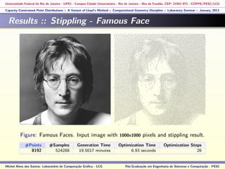 Universidade Federal do Rio de Janeiro - UFRJ - Campus Cidade Universitária - Rio de Janeiro - Ilha do Fundão, CEP: 21941-972 - COPPE/PESC/LCG
Capacity-Constrained Point Distributions :: A Variant of Lloyd’s Method :: Computational Geometry Discipline :: Laboratory Seminar :: January, 2013
Results :: Stippling - Famous Face
Figure: Famous Faces. Input image with 1000x1000 pixels and stippling result.
#Points #Samples Generation Time Optimization Time Optimization Steps
8192 524288 19.5017 minutes 6.93 seconds 26
Michel Alves dos Santos: Laboratório de Computação Gráﬁca - LCG Pós-Graduação em Engenharia de Sistemas e Computação - PESC
 
