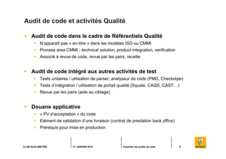 9CLUB QUALIMETRIE 21 JANVIER 2010 Exploiter les audits de code
Audit de code et activités Qualité
Audit de code dans le ca...