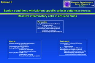 10 Peritoneal: Lymphocytic Peritoneal Effusions Cirrhosis Tuberculosis Eosinophilic Peritoneal Effusions Neutrophilic Peritoneal Effusions Spontaneous bacterial peritonitis Extramedullary hematopoiesis /  chronic idiopathic myelofibrosis Benign conditions with/without specific cellular patterns  (continued) Reactive inflammatory cells in effusion fluids Pleural: Reactive lymphocytic pleural effusions Tuberculosis Eosinophilic Pleural Effusions  Neutrophilic Pleural Effusions Pulmonary embolism Parapneumonic effusions Histiocytic Pleural Effusions Rheumatoid arthritis Nodular histiocytic hyperplasia  Pericardial Lymphocytic Pericardial effusions Viral pericarditis Eosinophilic Pericardial Effusions Neutrophilic Pericardial Effusions Infectious pericarditis Systemic lupus erythematosus   