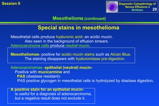 Mesothelioma  (continued) Special stains in mesothelioma  Mesothelial cells produce  hyaluronic acid - an acidic mucin. Also seen in the background of effusion smears.  Adenocarcinoma cells  produce  neutral mucin .  Mesotheliomas-  positive for  acidic mucin stains  such as  Alcian Blue .  The staining disappears with  hyaluronidase pre-digestion .  Adenocarcinomas-   epithelial (neutral) mucin-   Positive with  mucicarmine  and  PAS  (diastase resistant)-  PAS positive glycogen in mesothelial cells is hydrolyzed by diastase digestion .  A positive stain for an epithelial mucin- is useful for a diagnosis of adenocarcinoma,  but a negative result does not exclude it. 29 