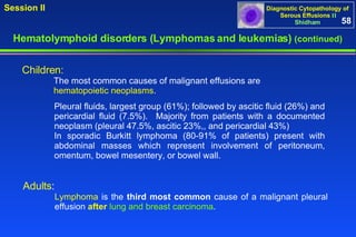 Hematolymphoid disorders (Lymphomas and leukemias)  (continued) Adults : Lymphoma  is the  third most common  cause of a malignant pleural  effusion  after  lung and breast carcinoma . 58 Pleural fluids, largest group (61%); followed by ascitic fluid (26%) and pericardial fluid (7.5%).  Majority from patients with a documented neoplasm (pleural 47.5%, ascitic 23%,, and pericardial 43%)  In sporadic Burkitt lymphoma (80-91% of patients) present with abdominal masses which represent involvement of peritoneum, omentum, bowel mesentery, or bowel wall.  Children:   The most common causes of malignant effusions are  hematopoietic neoplasms .  