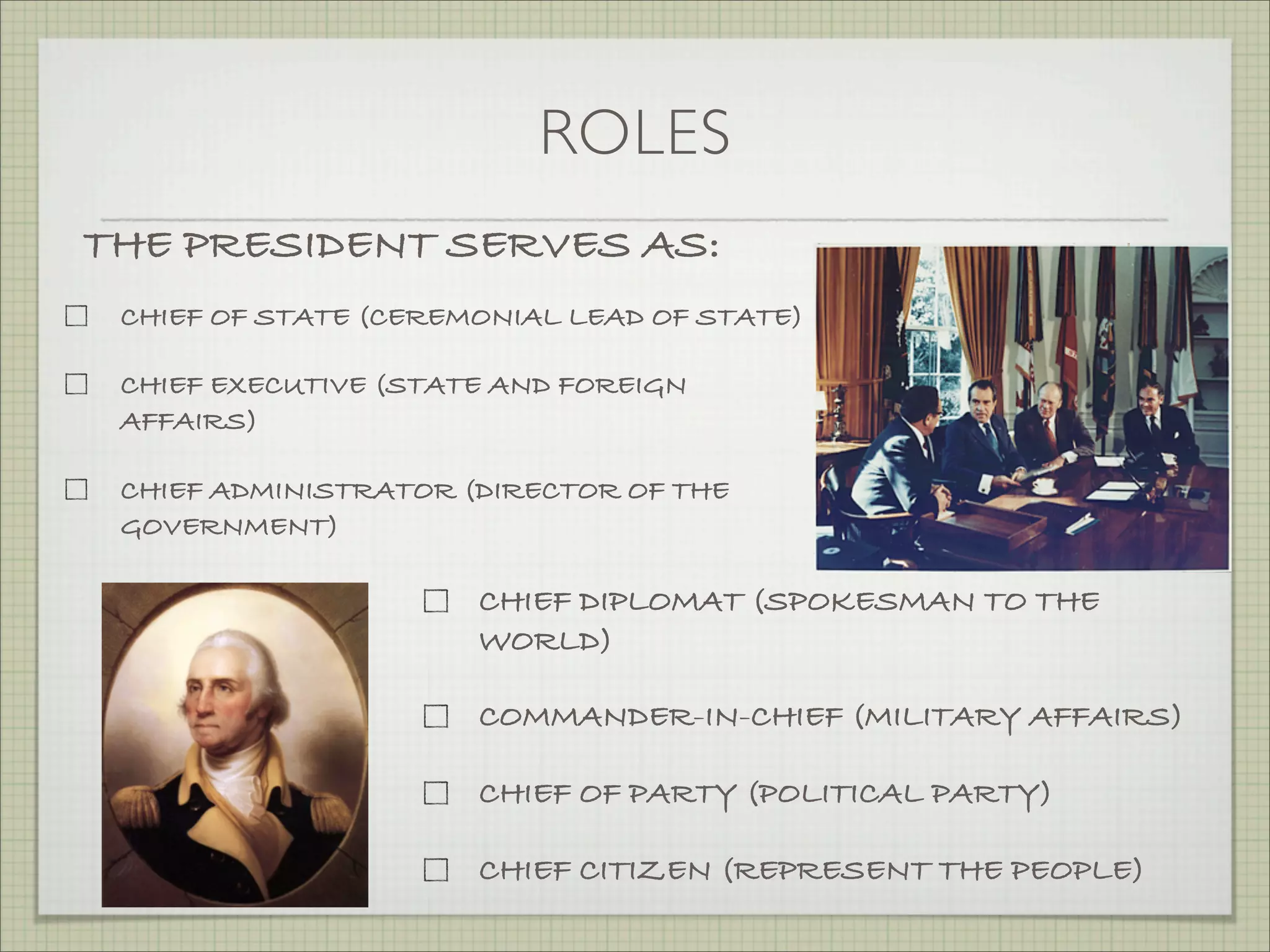 ROLES
CHIEF OF STATE (CEREMONIAL LEAD OF STATE)
CHIEF EXECUTIVE (STATE AND FOREIGN
AFFAIRS)
CHIEF ADMINISTRATOR (DIRECTOR OF THE
GOVERNMENT)
CHIEF DIPLOMAT (SPOKESMAN TO THE
WORLD)
COMMANDER-IN-CHIEF (MILITARY AFFAIRS)
CHIEF OF PARTY (POLITICAL PARTY)
CHIEF CITIZEN (REPRESENT THE PEOPLE)
THE PRESIDENT SERVES AS:
 