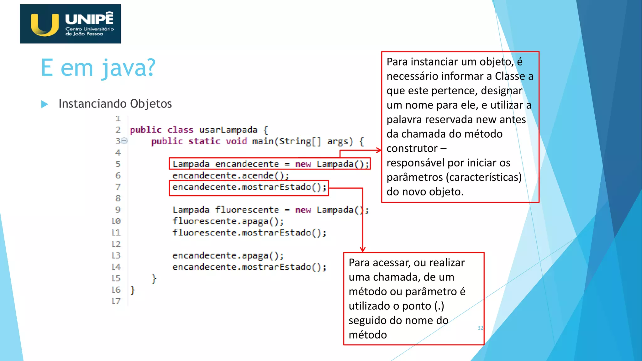 E em java?
 Instanciando Objetos
32
Para instanciar um objeto, é
necessário informar a Classe a
que este pertence, designar
um nome para ele, e utilizar a
palavra reservada new antes
da chamada do método
construtor –
responsável por iniciar os
parâmetros (características)
do novo objeto.
Para acessar, ou realizar
uma chamada, de um
método ou parâmetro é
utilizado o ponto (.)
seguido do nome do
método
 