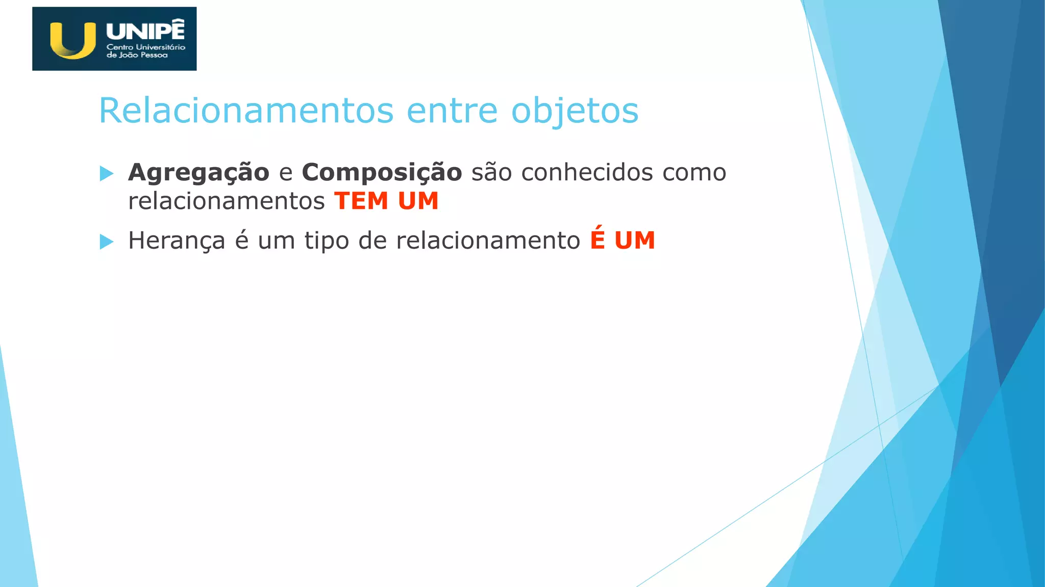 Relacionamentos entre objetos
 Agregação e Composição são conhecidos como
relacionamentos TEM UM
 Herança é um tipo de relacionamento É UM
 
