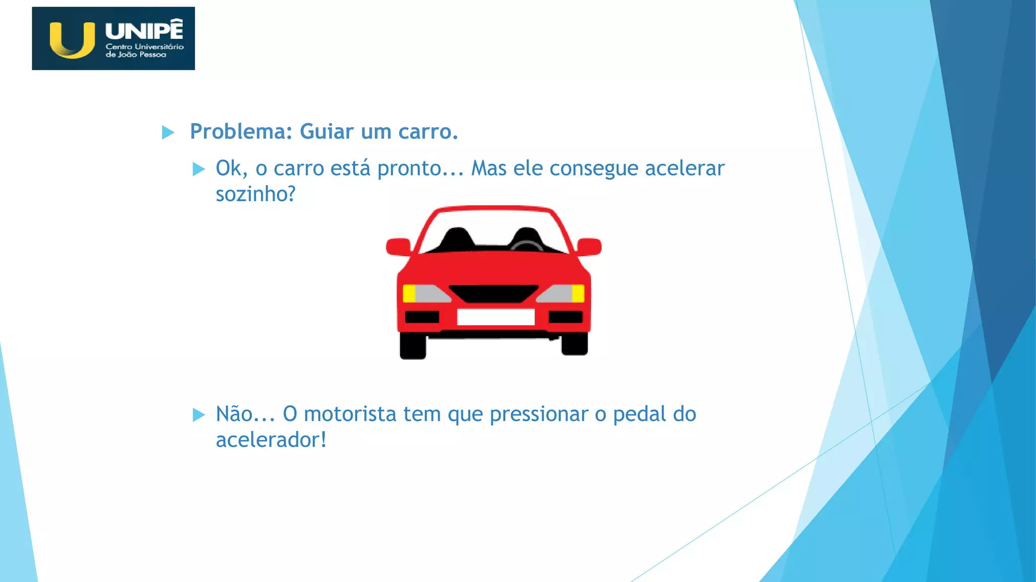  Problema: Guiar um carro.
 Ok, o carro está pronto... Mas ele consegue acelerar
sozinho?
 Não... O motorista tem que pressionar o pedal do
acelerador!
Revisão Java OO
 
