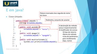 E em java?
 Classe Lâmpada:
Princípios da Orientação à Objetos 31
Palavra reservada class seguida do nome
da classe
Parâmetro, conjunto de caracter
A declaração de método
possui respectivamente:
O modificador de acesso
•O tipo de retorno
•Nome do método
•Lista de parâmetros
para recebimento
(tipo, nome)
 
