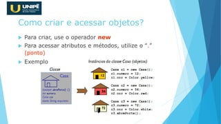 Como criar e acessar objetos?
 Para criar, use o operador new
 Para acessar atributos e métodos, utilize o “.”
(ponto)
 Exemplo
 
