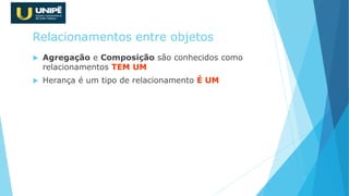 Relacionamentos entre objetos
 Agregação e Composição são conhecidos como
relacionamentos TEM UM
 Herança é um tipo de relacionamento É UM
 
