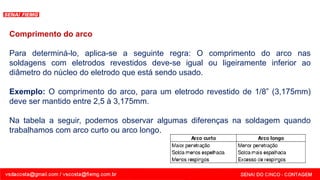 Comprimento do arco
Para determiná-lo, aplica-se a seguinte regra: O comprimento do arco nas
soldagens com eletrodos revestidos deve-se igual ou ligeiramente inferior ao
diâmetro do núcleo do eletrodo que está sendo usado.
Exemplo: O comprimento do arco, para um eletrodo revestido de 1/8” (3,175mm)
deve ser mantido entre 2,5 à 3,175mm.
Na tabela a seguir, podemos observar algumas diferenças na soldagem quando
trabalhamos com arco curto ou arco longo.
 