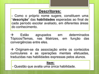 Descritores:
- Como o próprio nome sugere, constituem uma
―descrição‖ das habilidades esperadas ao final de
cada período escolar avaliado, em diferentes áreas
do conhecimento.

     Estão     agrupados  em   determinados
Tópicos/Temas, nas Matrizes, em função das
convergências entre eles.

 Originam-se da associação entre os conteúdos
curriculares e as operações mentais efetuadas,
traduzidas nas habilidades expressas pelos alunos.
                       Item:
 - Questão que avalia uma única habilidade.
 