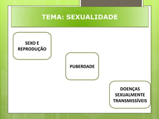 TEMA: SEXUALIDADE


   SEXO E
REPRODUÇÃO


              PUBERDADE



                             DOENÇAS
                           SEXUALMENTE
                          TRANSMISSÍVEIS
 