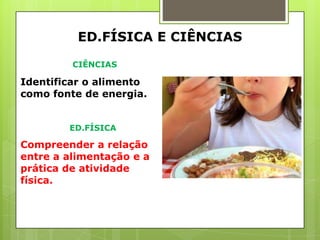 ED.FÍSICA E CIÊNCIAS

         CIÊNCIAS

Identificar o alimento
como fonte de energia.


        ED.FÍSICA

Compreender a relação
entre a alimentação e a
prática de atividade
física.
 