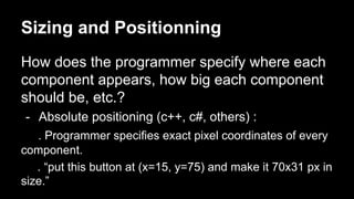 Sizing and Positionning
How does the programmer specify where each
component appears, how big each component
should be, etc.?
- Absolute positioning (c++, c#, others) :
. Programmer specifies exact pixel coordinates of every
component.
. “put this button at (x=15, y=75) and make it 70x31 px in
size.”
 