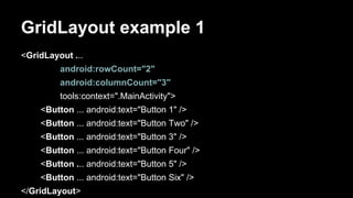 GridLayout example 1
<GridLayout ...
android:rowCount="2"
android:columnCount="3"
tools:context=".MainActivity">
<Button ... android:text="Button 1" />
<Button ... android:text="Button Two" />
<Button ... android:text="Button 3" />
<Button ... android:text="Button Four" />
<Button ... android:text="Button 5" />
<Button ... android:text="Button Six" />
</GridLayout>
 
