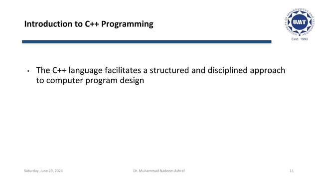 Programming Languages Intriduction to C++ programming | PPT