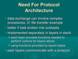 Need ForNeed For ProtocolProtocol
ArchitectureArchitecture
 data exchange can involve complexdata exchange can involve complex
procedures, cf. file transfer exampleprocedures, cf. file transfer example
 better if task broken into subtasksbetter if task broken into subtasks
 implemented separately in layers in stackimplemented separately in layers in stack

each layer provides functions needed toeach layer provides functions needed to
perform comms for layers aboveperform comms for layers above

using functions provided by layers belowusing functions provided by layers below
 peer layers communicate with a protocolpeer layers communicate with a protocol
 