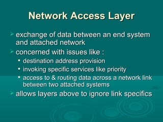 Network Access LayerNetwork Access Layer
 exchange of data between an end systemexchange of data between an end system
and attached networkand attached network
 concerned with issues like :concerned with issues like :

destination address provisiondestination address provision

invoking specific services like priorityinvoking specific services like priority

access to & routing data across a network linkaccess to & routing data across a network link
between two attached systemsbetween two attached systems
 allows layers above to ignore link specificsallows layers above to ignore link specifics
 