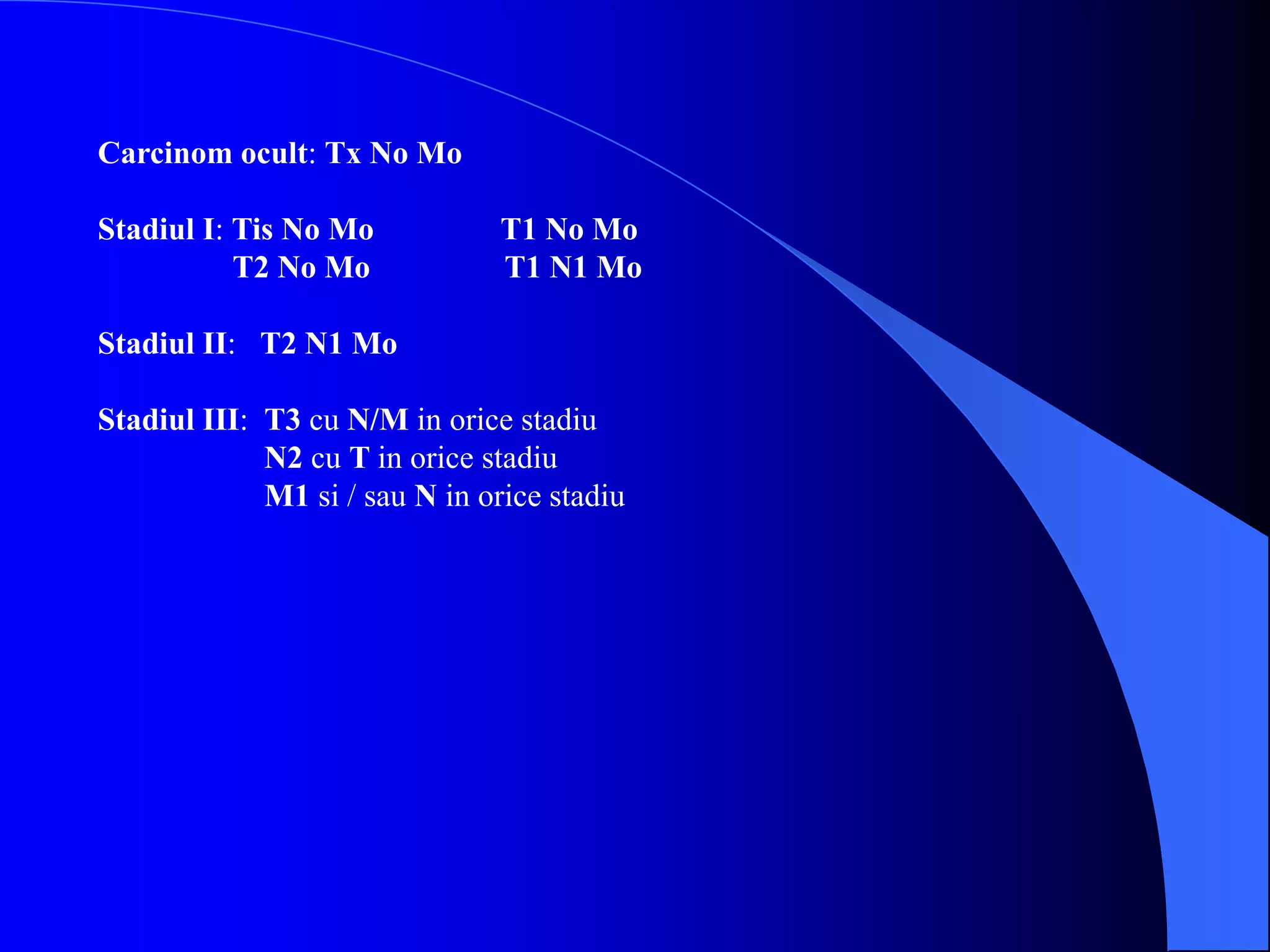 Carcinom ocult: Tx No Mo
Stadiul I: Tis No Mo T1 No Mo
T2 No Mo T1 N1 Mo
Stadiul II: T2 N1 Mo
Stadiul III: T3 cu N/M in orice stadiu
N2 cu T in orice stadiu
M1 si / sau N in orice stadiu
 
