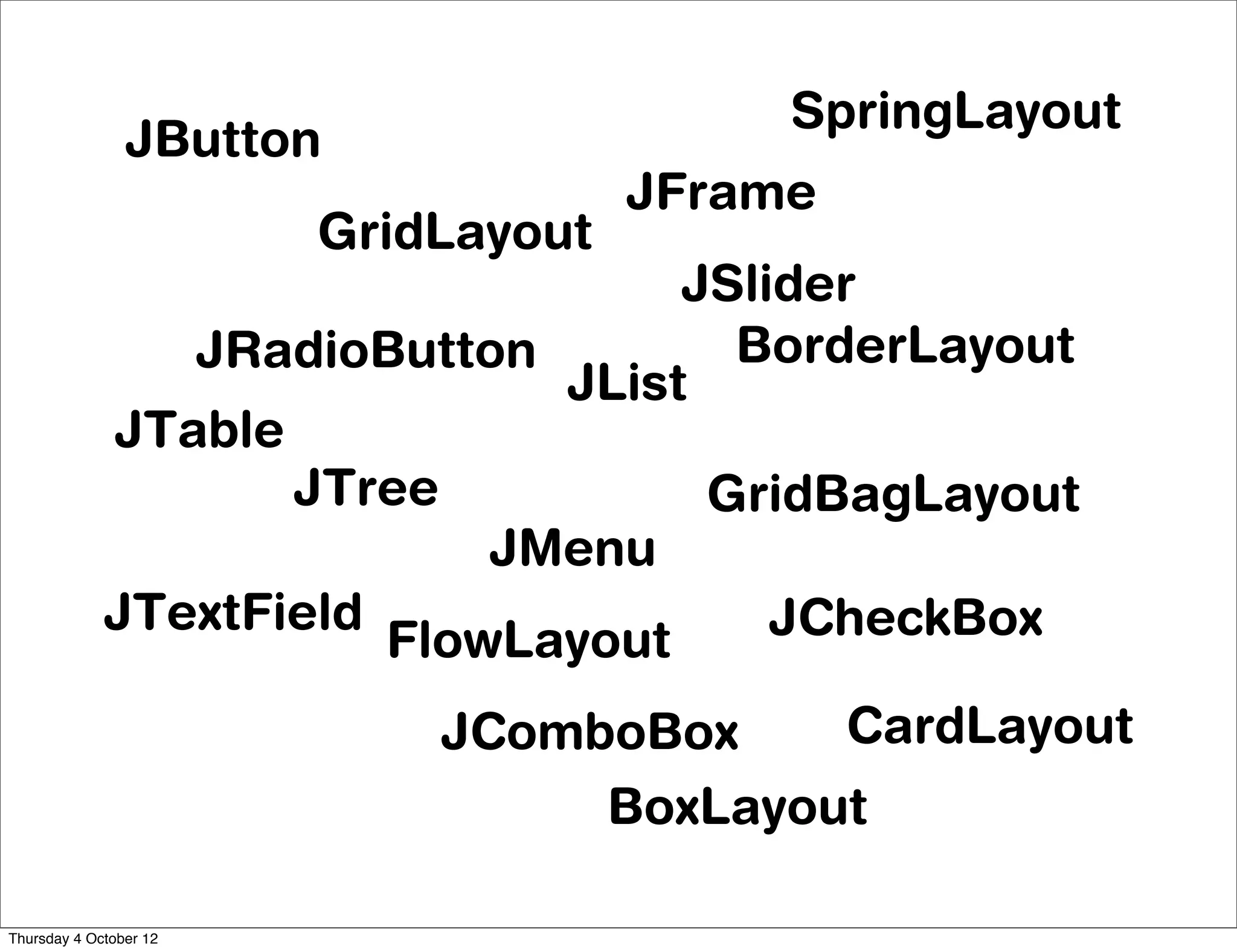 SpringLayout
                JButton
                                     JFrame
                        GridLayout
                                   JSlider
                JRadioButton         BorderLayout
                              JList
             JTable
                    JTree           GridBagLayout
                            JMenu
             JTextField                JCheckBox
                        FlowLayout
                            JComboBox    CardLayout
                                 BoxLayout

Thursday 4 October 12
 