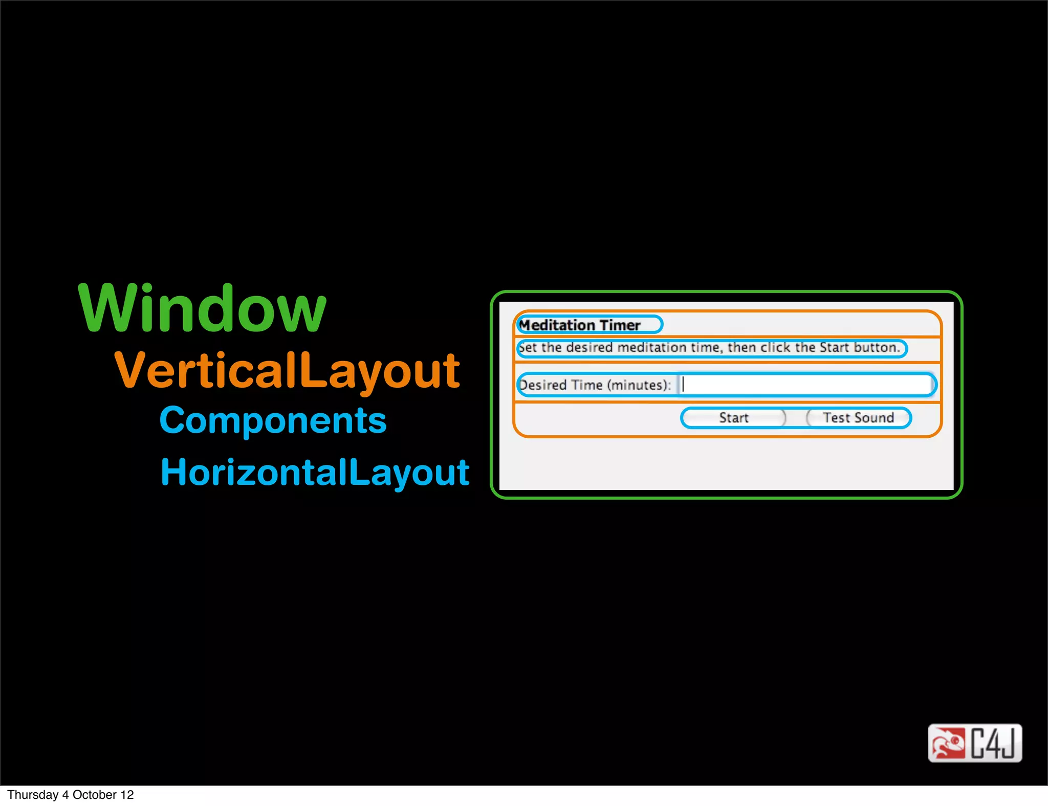 Window
                 VerticalLayout
                        Components
                        HorizontalLayout




Thursday 4 October 12
 