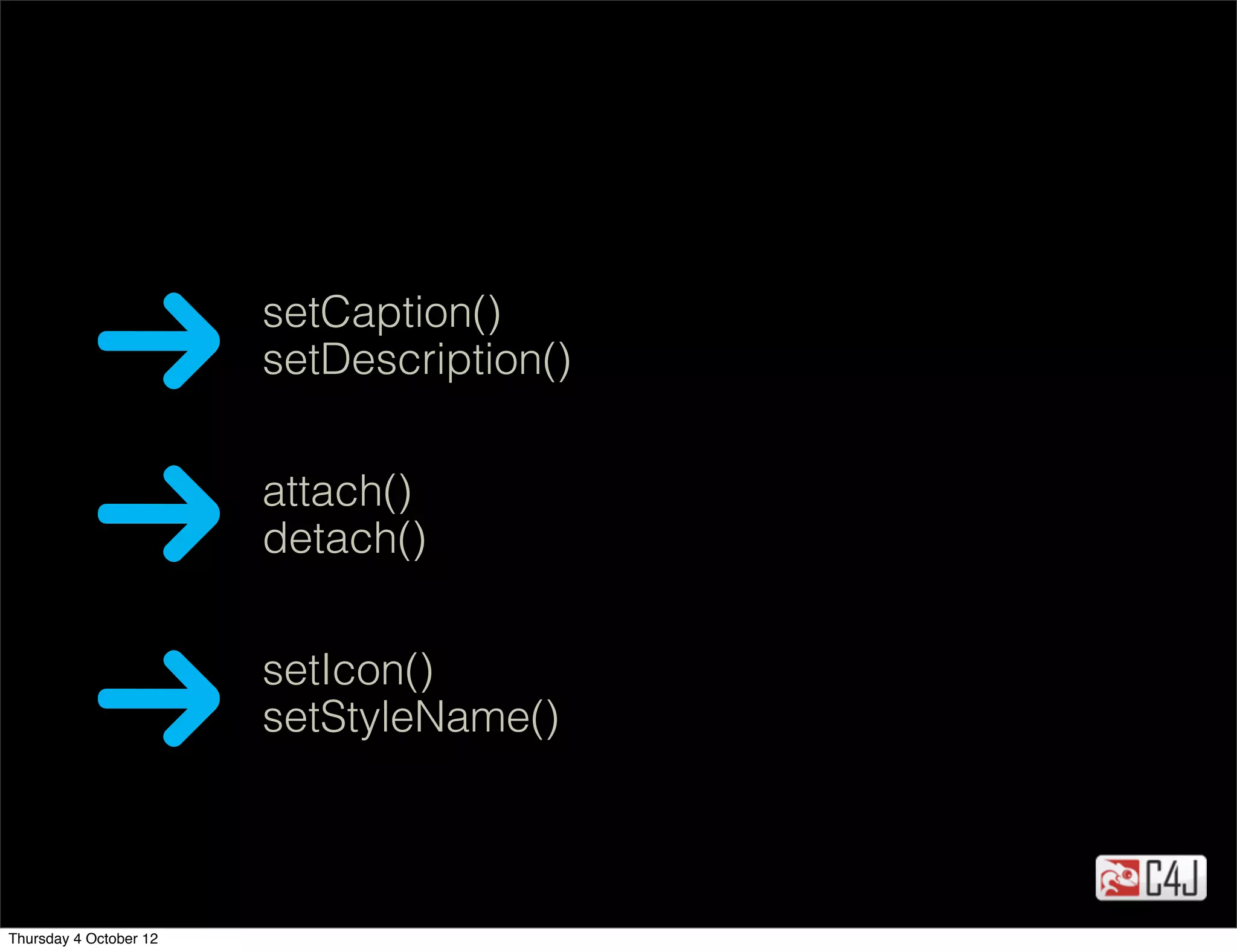 setCaption()
                        setDescription()


                        attach()
                        detach()


                        setIcon()
                        setStyleName()



Thursday 4 October 12
 