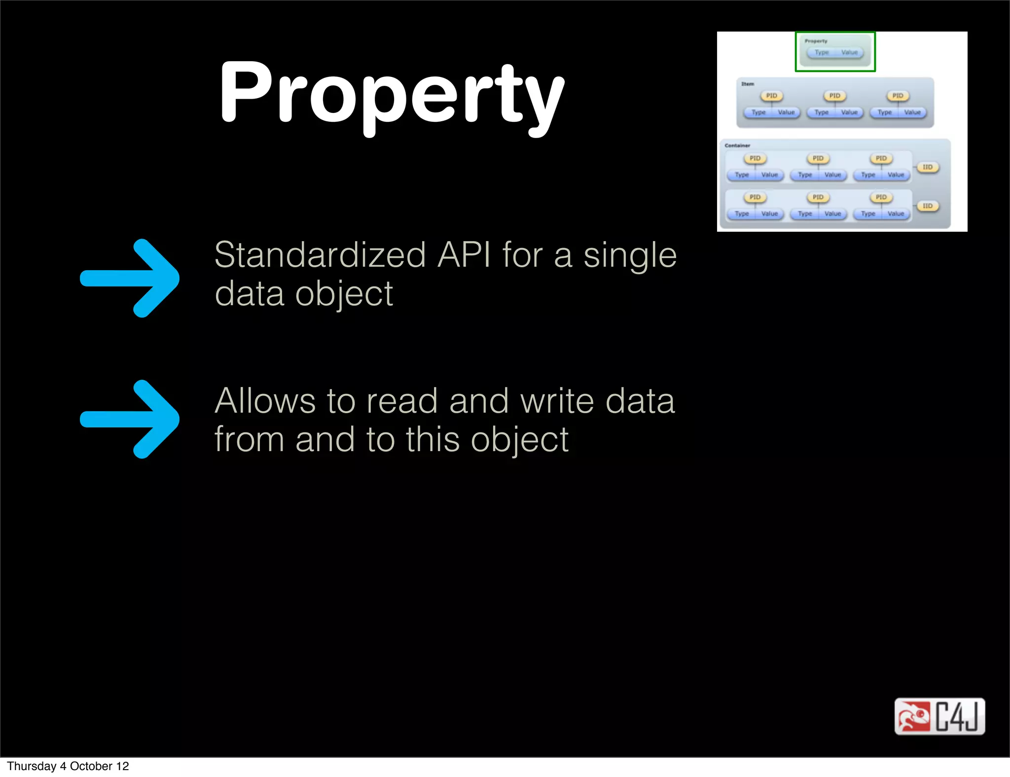Property
                        Standardized API for a single
                        data object


                        Allows to read and write data
                        from and to this object




Thursday 4 October 12
 